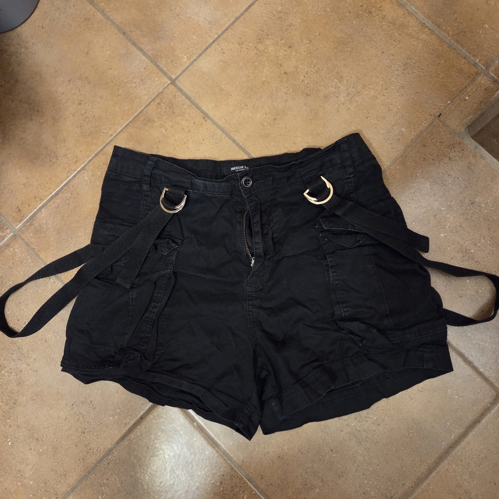 Black Strappy Cargo Shorts